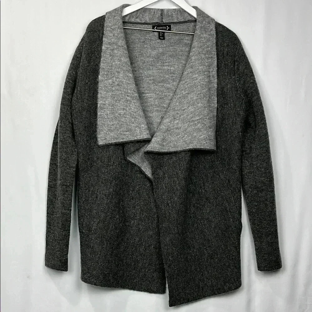 Nanette Lepore Cardigan Gray L Open Front Shawl Collar Pockets Soft 23% Wool EUC